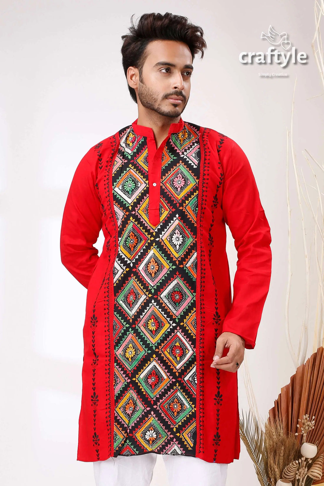 Monza red multithread design kantha stitch cotton panjabi for men red embroidered kurta 2