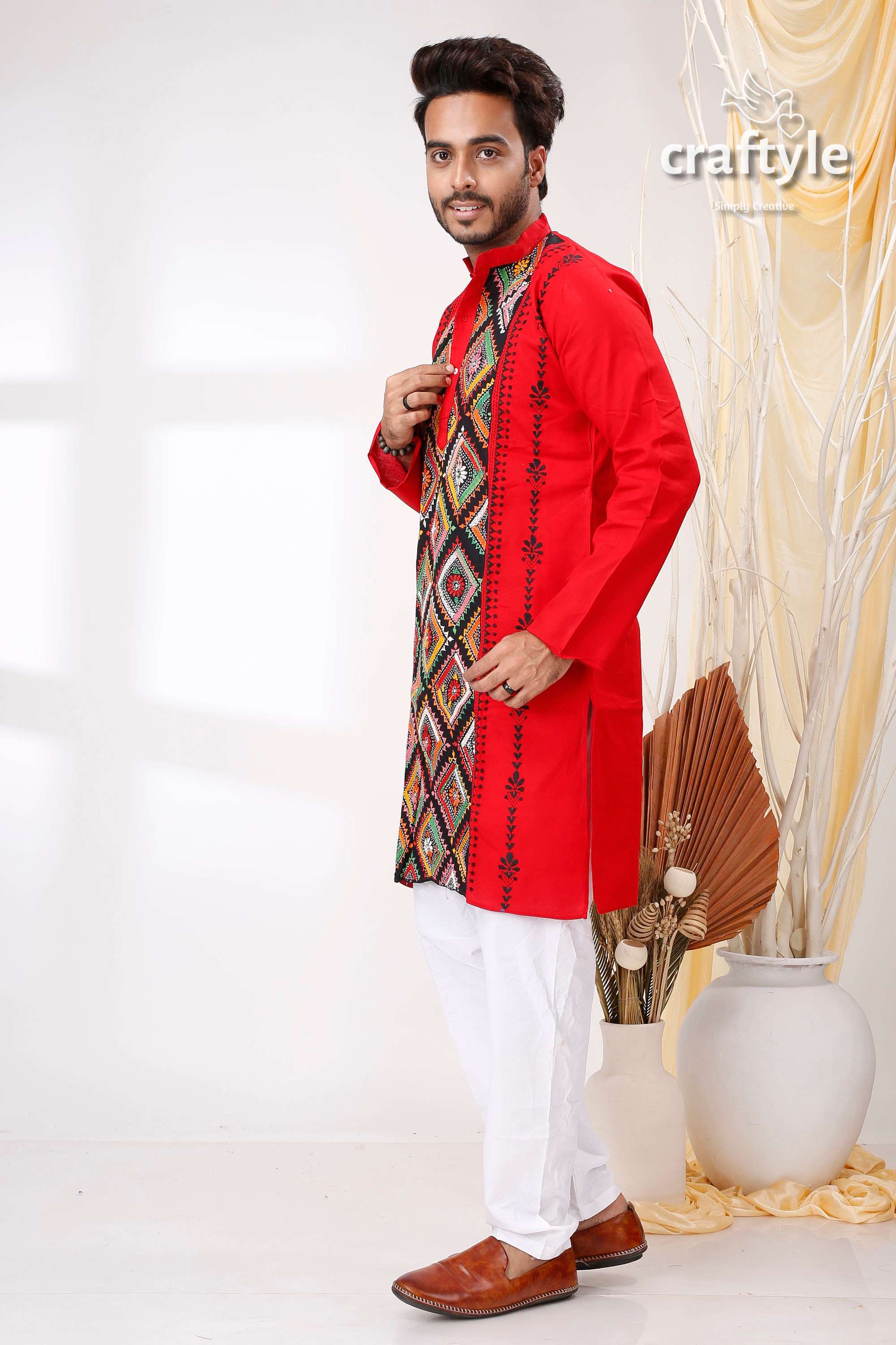 Monza Red Multithread Design Kantha Stitch Cotton Panjabi for Men - Craftyle