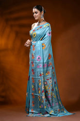 Moonstone blue silk kantha saree with hand embroidery floral design 3