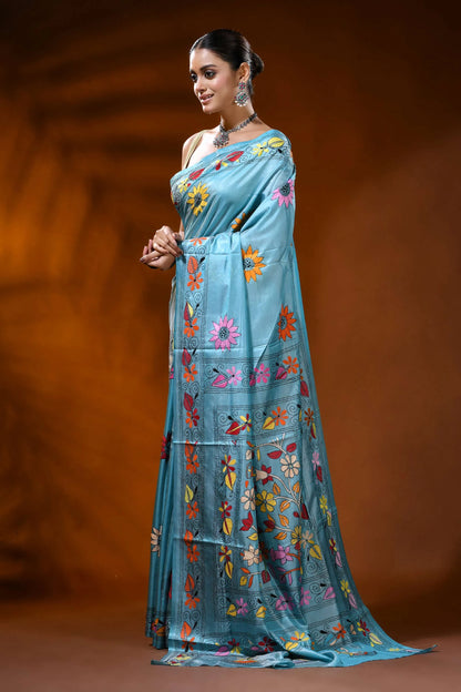 Moonstone blue silk kantha saree with hand embroidery floral design 3