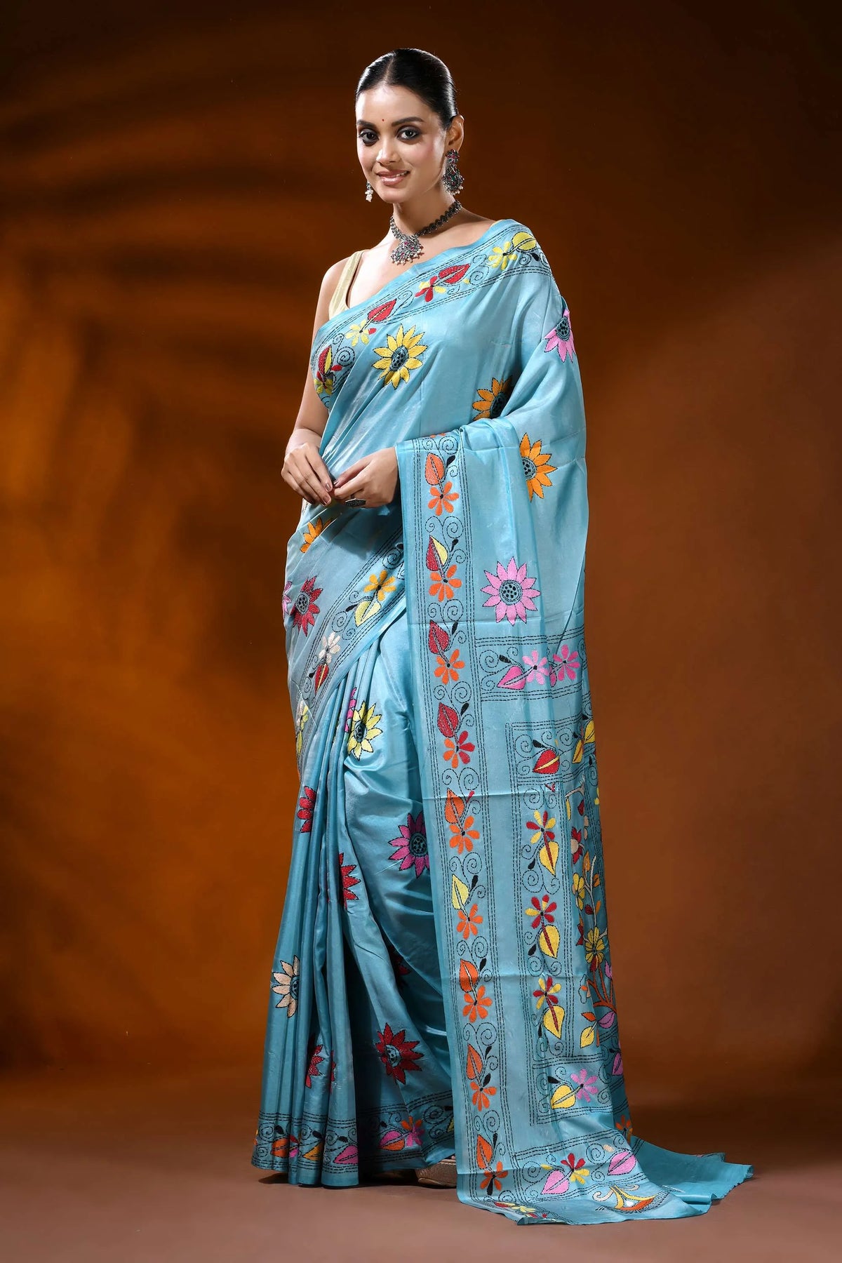 Moonstone blue silk kantha saree with hand embroidery floral design 6