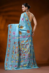 Moonstone blue silk kantha saree with hand embroidery floral design 5