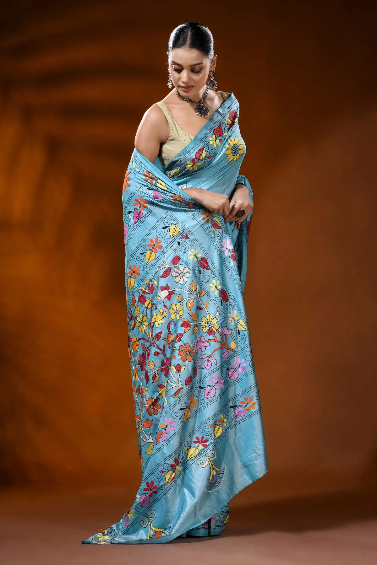 Moonstone blue silk kantha saree with hand embroidery floral design 4