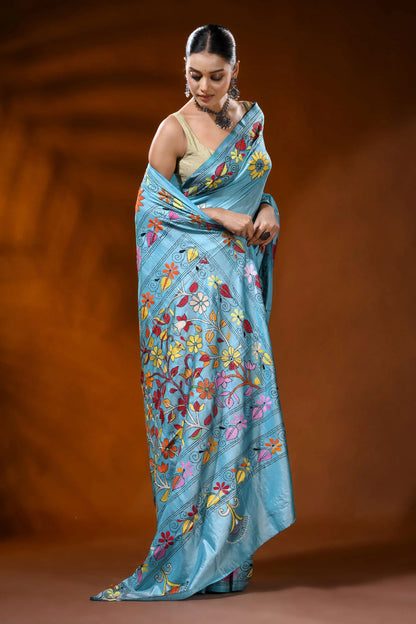 Moonstone blue silk kantha saree with hand embroidery floral design 4