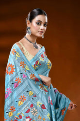 Moonstone blue silk kantha saree with hand embroidery floral design 2