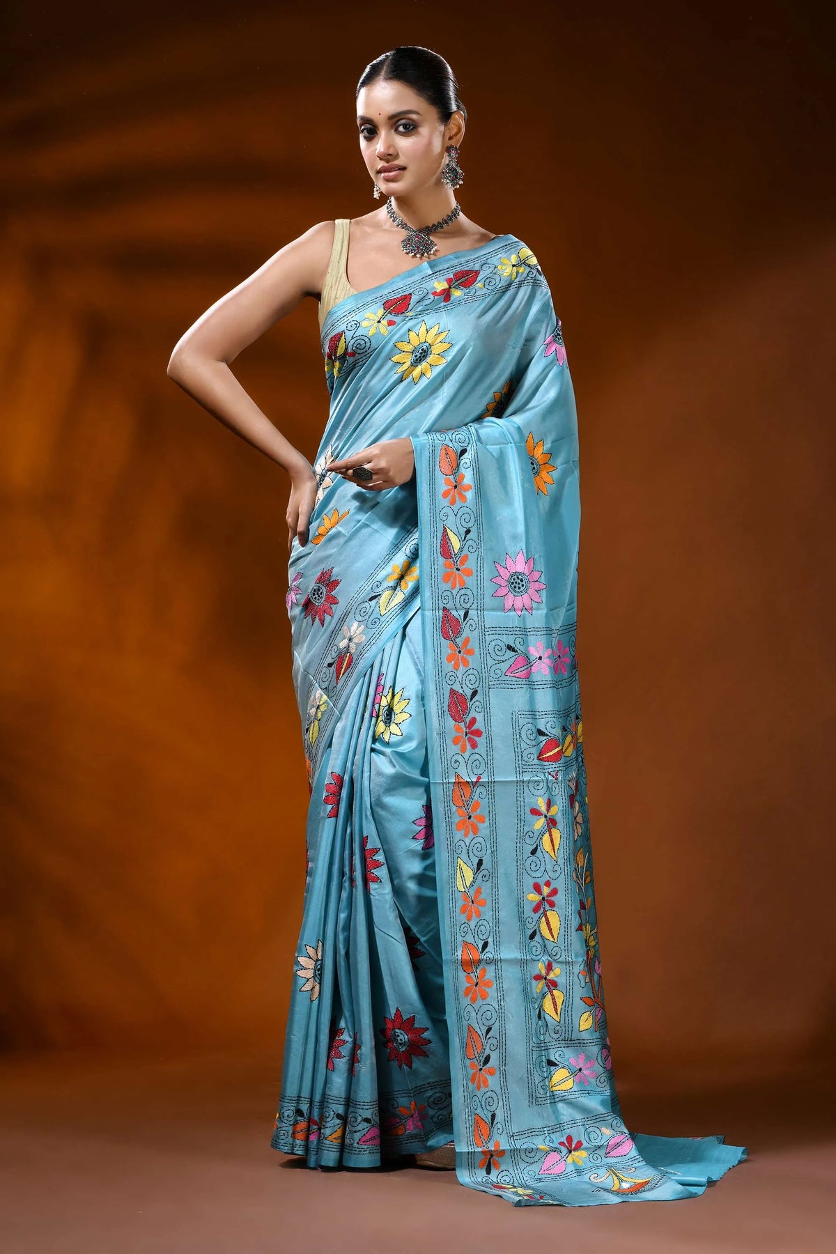 Moonstone blue silk kantha saree with hand embroidery floral design 1