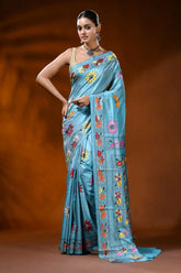 Moonstone blue silk kantha saree with hand embroidery floral design 1