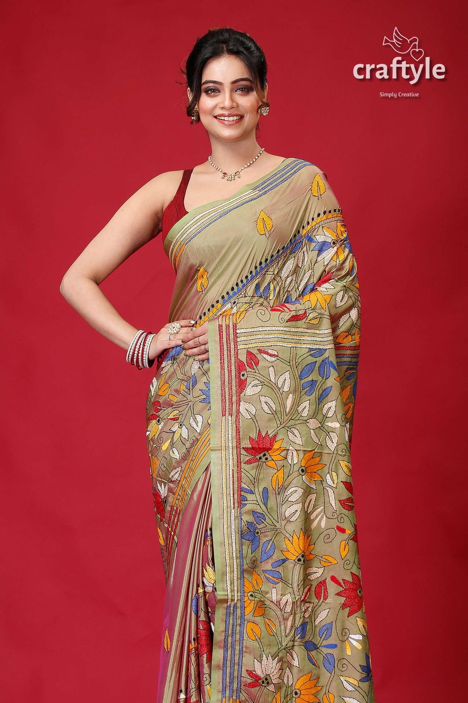 Moss Green Dual Tone Exclusive Kantha Silk Saree-Craftyle