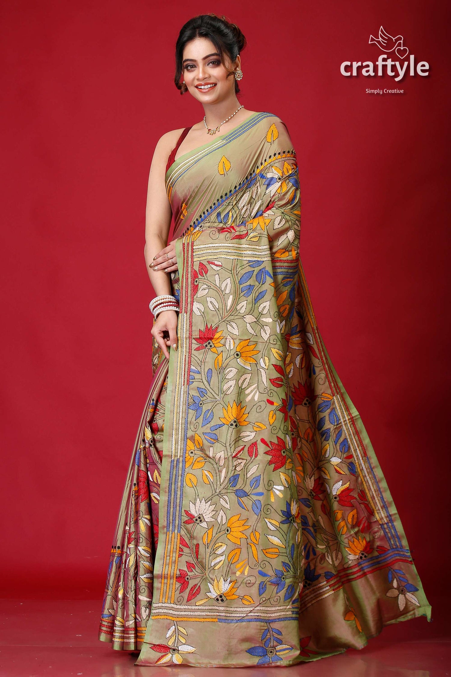 Moss Green Dual Tone Exclusive Kantha Silk Saree-Craftyle