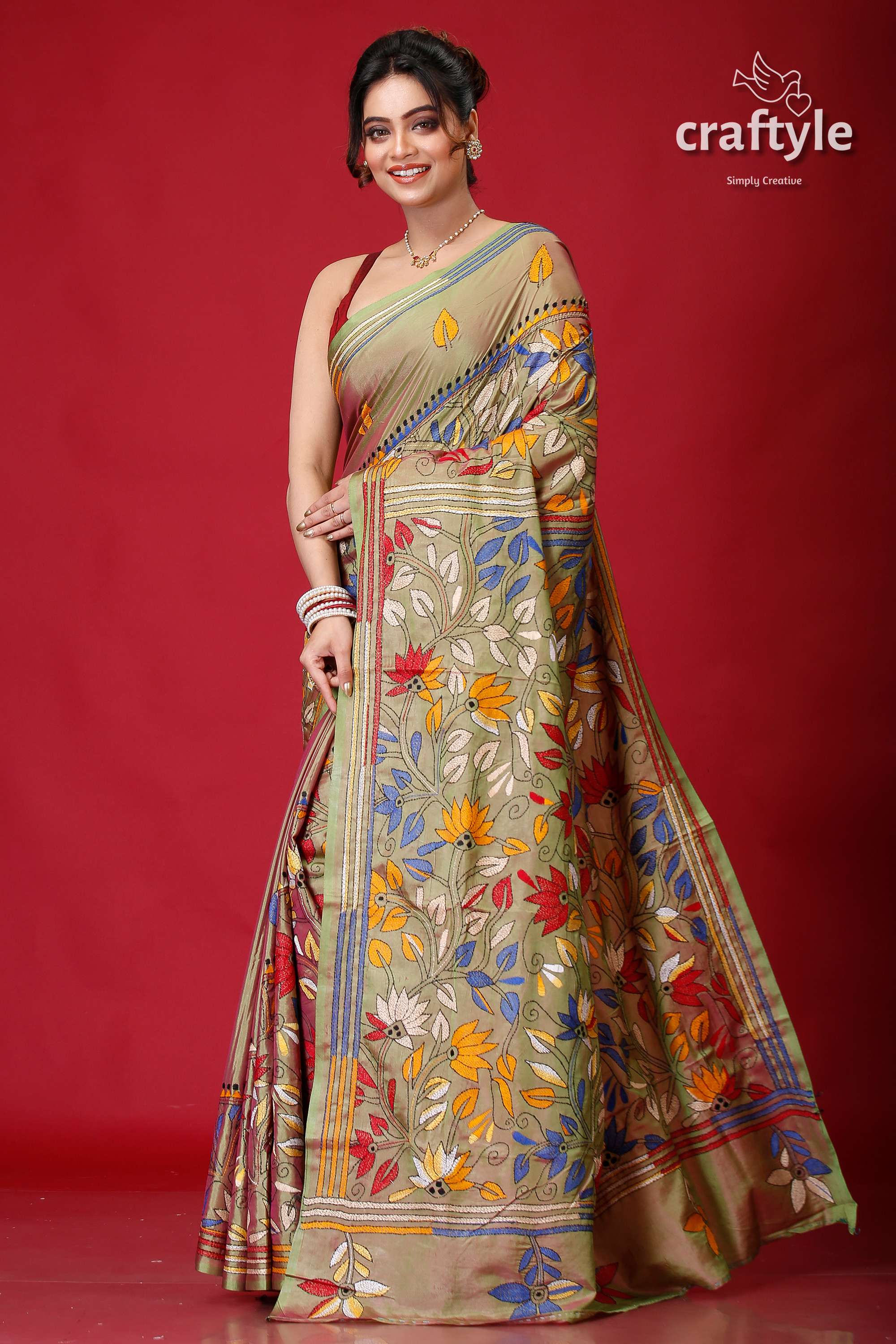 Moss Green Dual Tone Exclusive Kantha Silk Saree-Craftyle