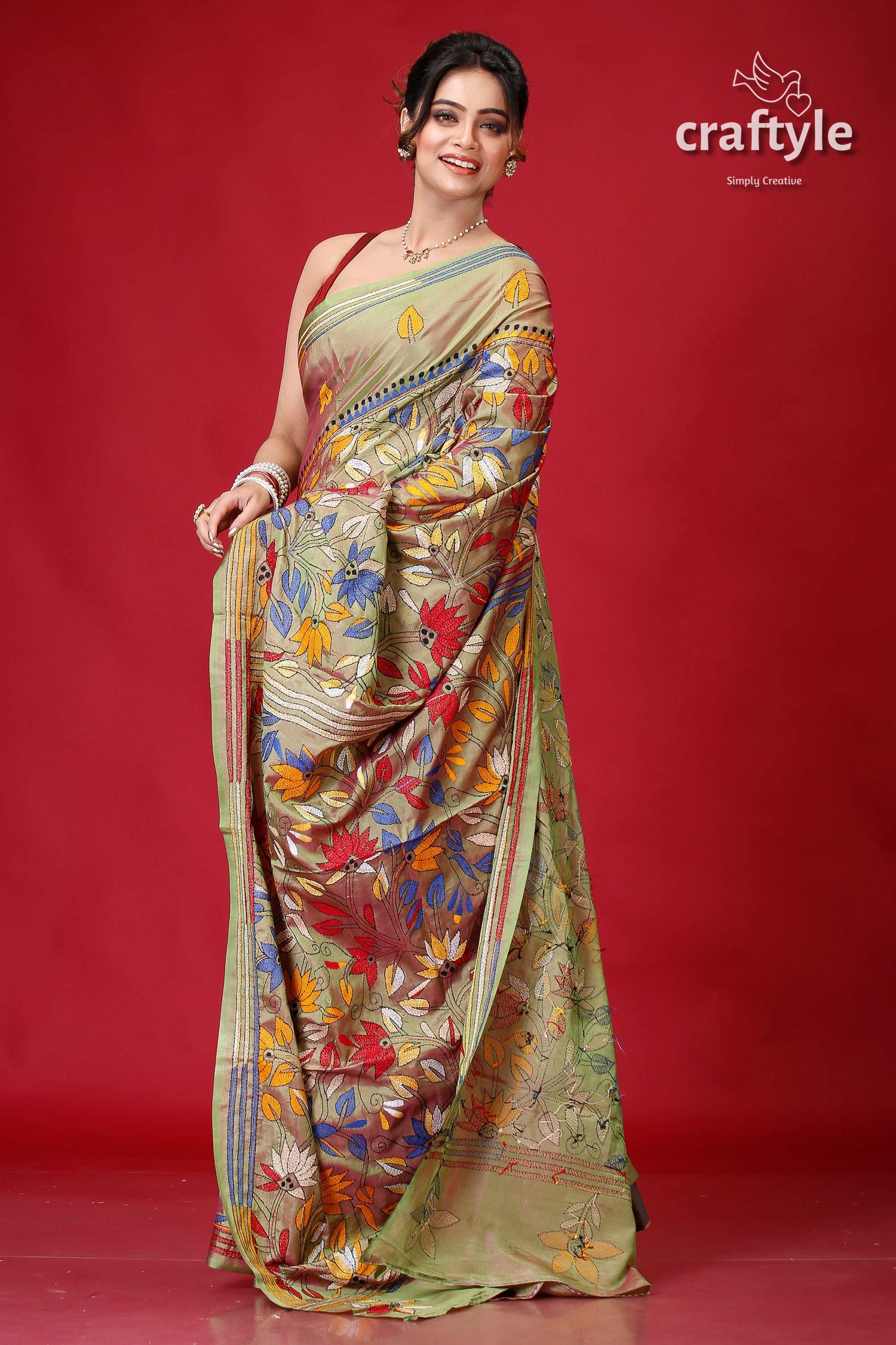 Moss Green Dual Tone Exclusive Kantha Silk Saree-Craftyle