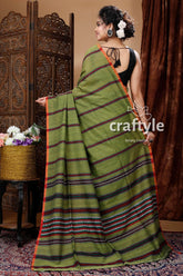 Moss Green Fine Handloom Cotton Fabric Sari-Craftyle
