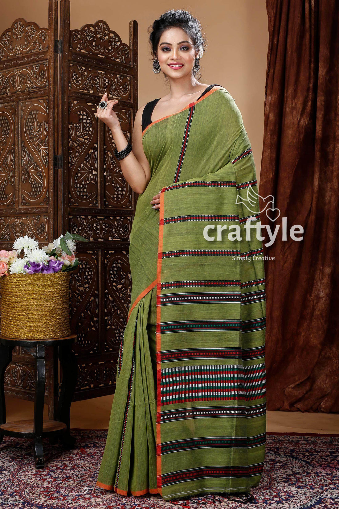 Moss Green Fine Handloom Cotton Fabric Sari-Craftyle
