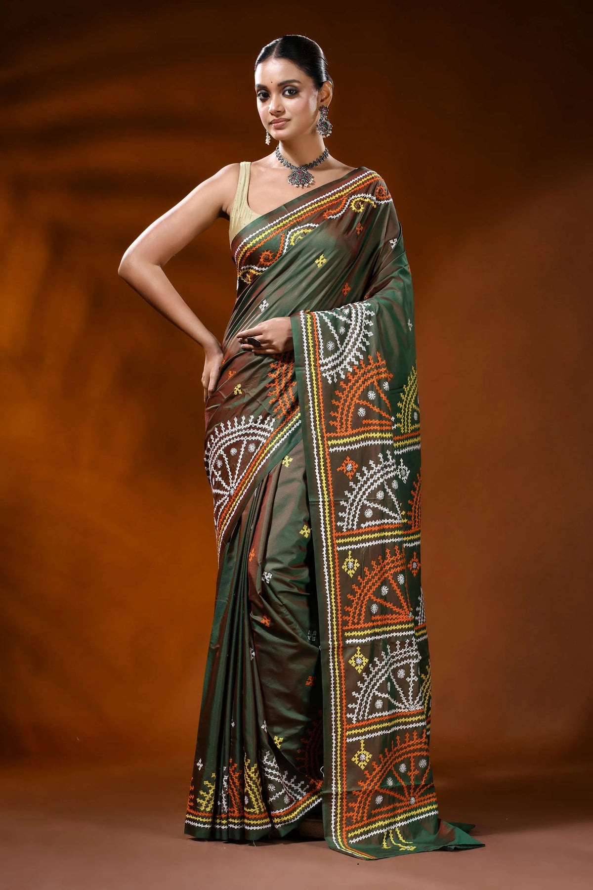 Moss green handcrafted kutch embroidery silk saree - geometric design 1