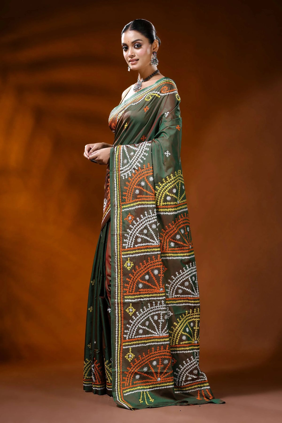 Moss green handcrafted kutch embroidery silk saree - geometric design 3