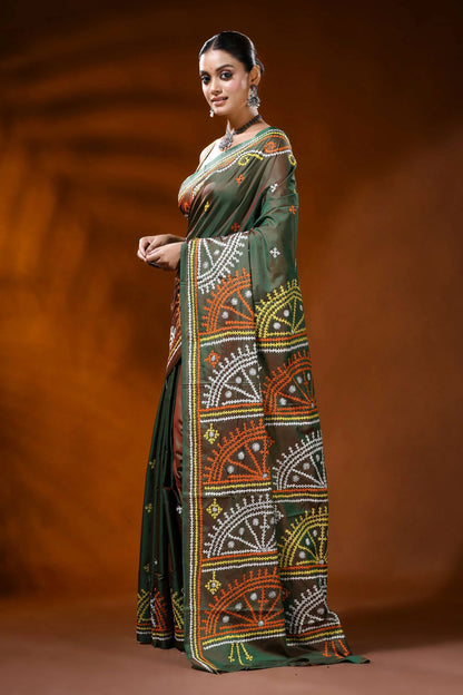 Moss green handcrafted kutch embroidery silk saree - geometric design 3