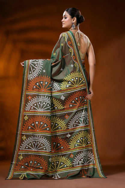 Moss green handcrafted kutch embroidery silk saree - geometric design 4