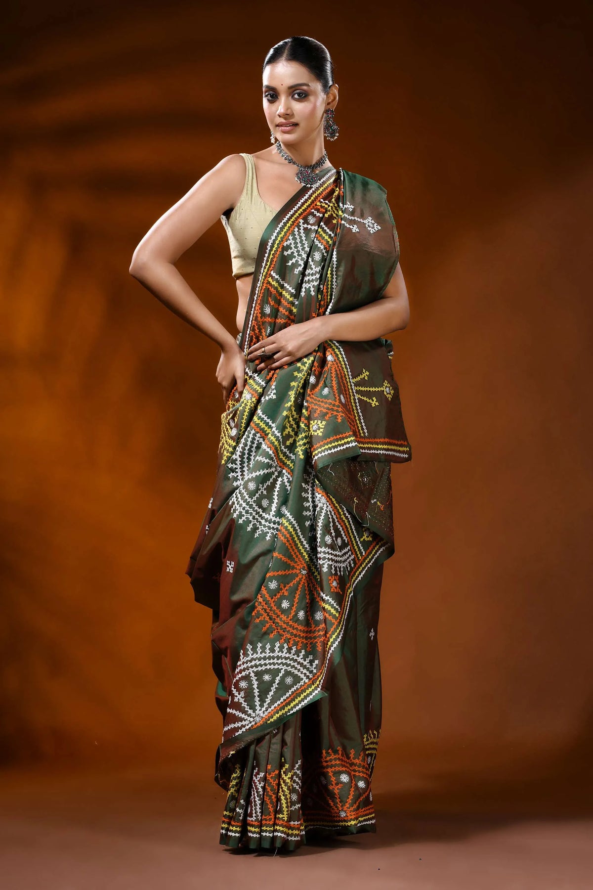 Moss green handcrafted kutch embroidery silk saree - geometric design 5