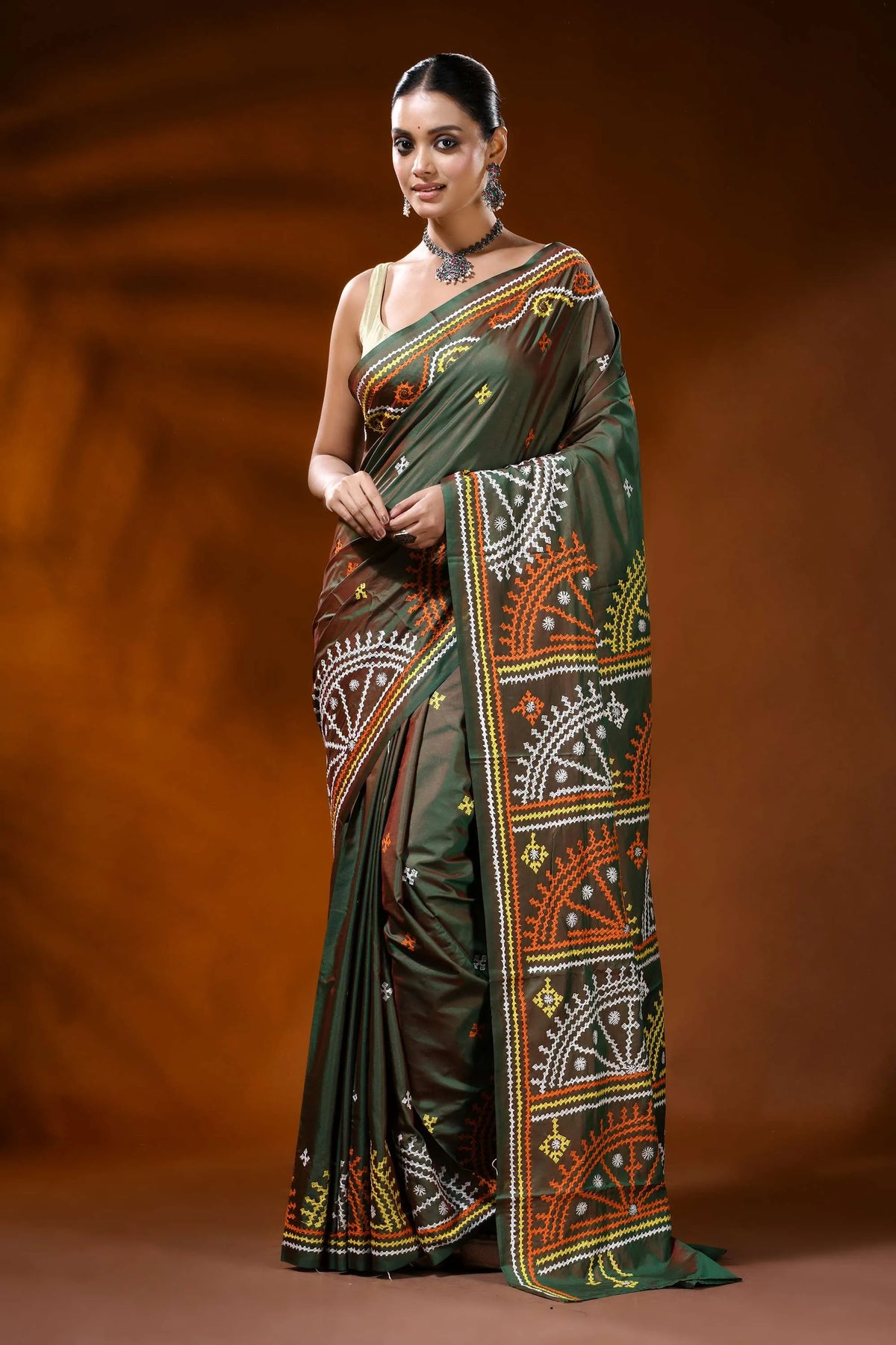 Moss green handcrafted kutch embroidery silk saree - geometric design 6