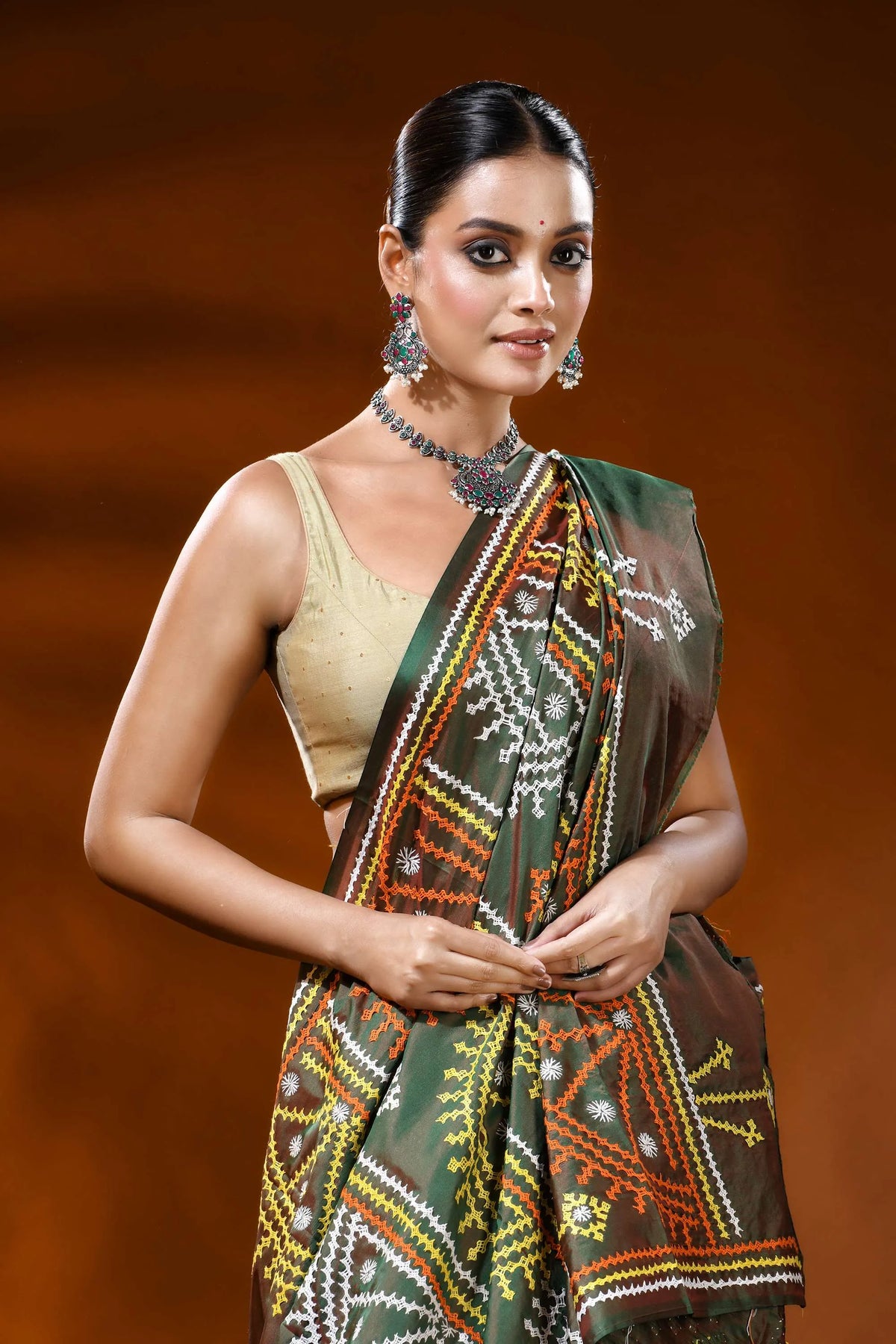 Moss green handcrafted kutch embroidery silk saree - geometric design 2