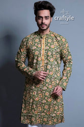 Moss Green Kalamkari Ethnic Wear Mens Kurta - Craftyle