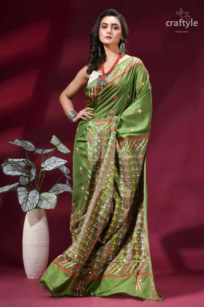 Moss green silk saree with multicolor kutch embroidery - mirror work vibrant olive adorned 4