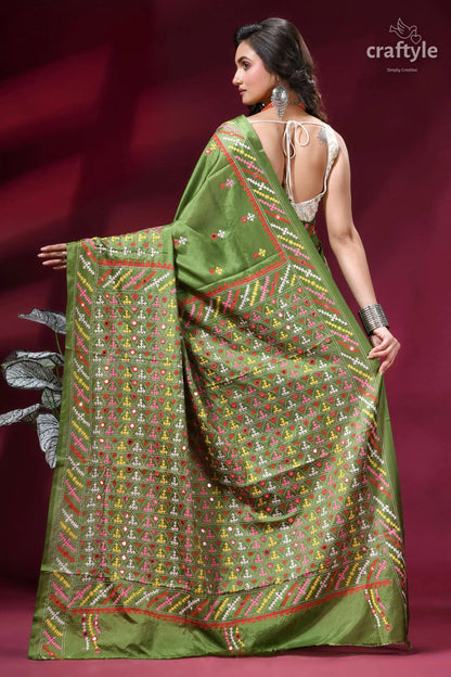 Moss green silk saree with multicolor kutch embroidery - mirror work vibrant olive adorned 5