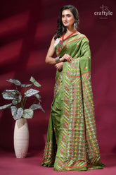 Moss green silk saree with multicolor kutch embroidery - mirror work vibrant olive adorned 3