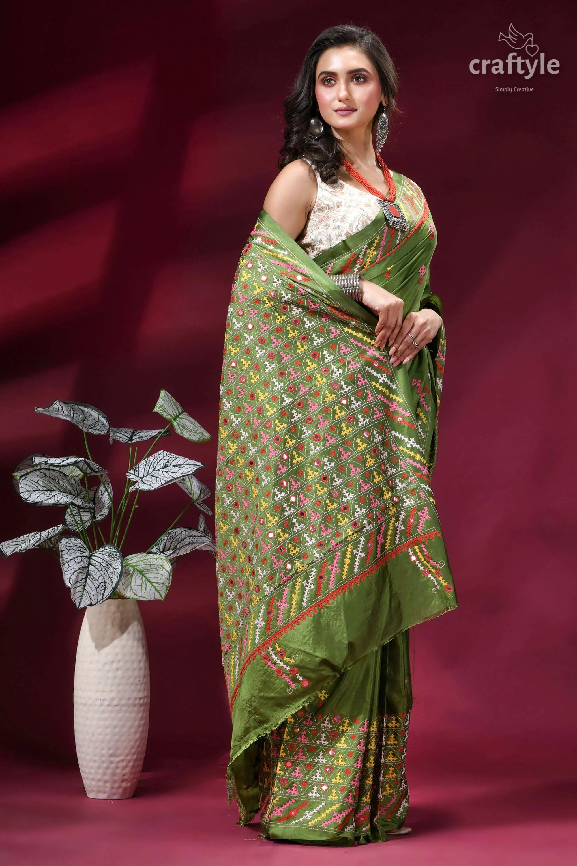 Moss green silk saree with multicolor kutch embroidery - mirror work olive embroidered intricate 6