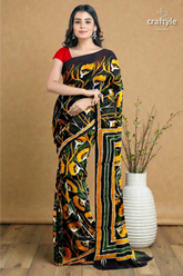 Moss green yellow floral hand batik mulberry pure silk saree 4