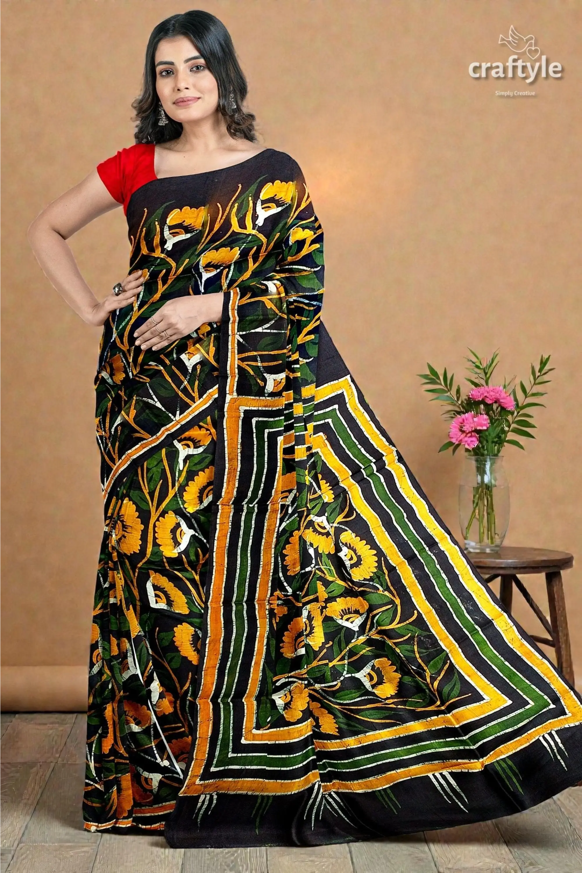 Moss green yellow floral hand batik mulberry pure silk saree 5