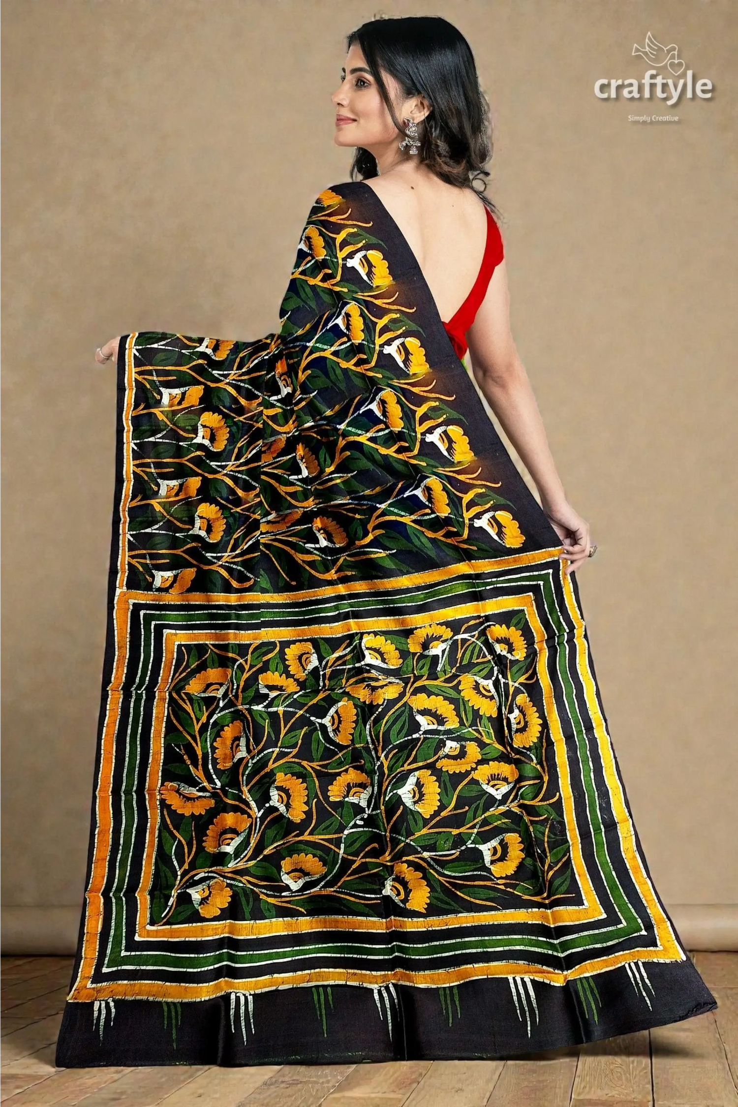 Moss green yellow floral hand batik mulberry pure silk saree 3