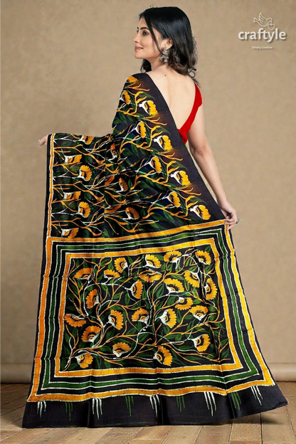 Moss green yellow floral hand batik mulberry pure silk saree 3