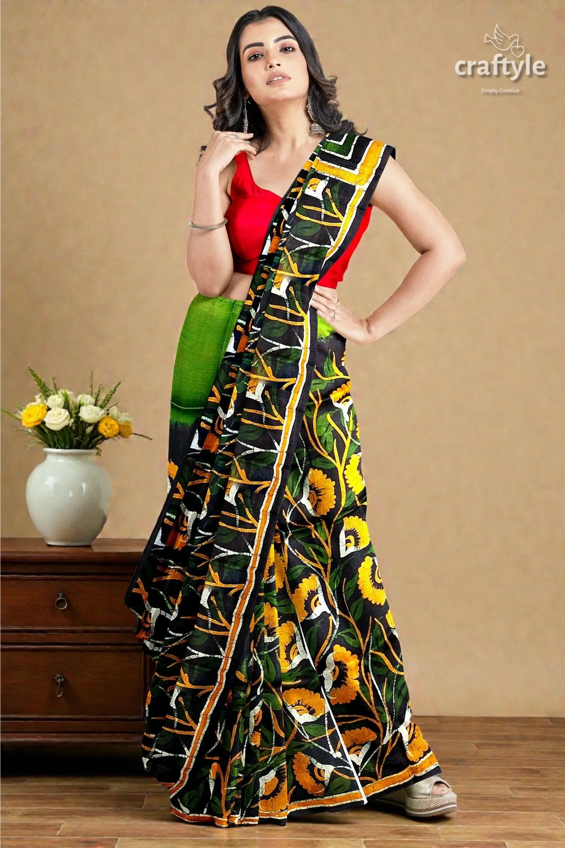 Moss green yellow floral hand batik mulberry pure silk saree 2