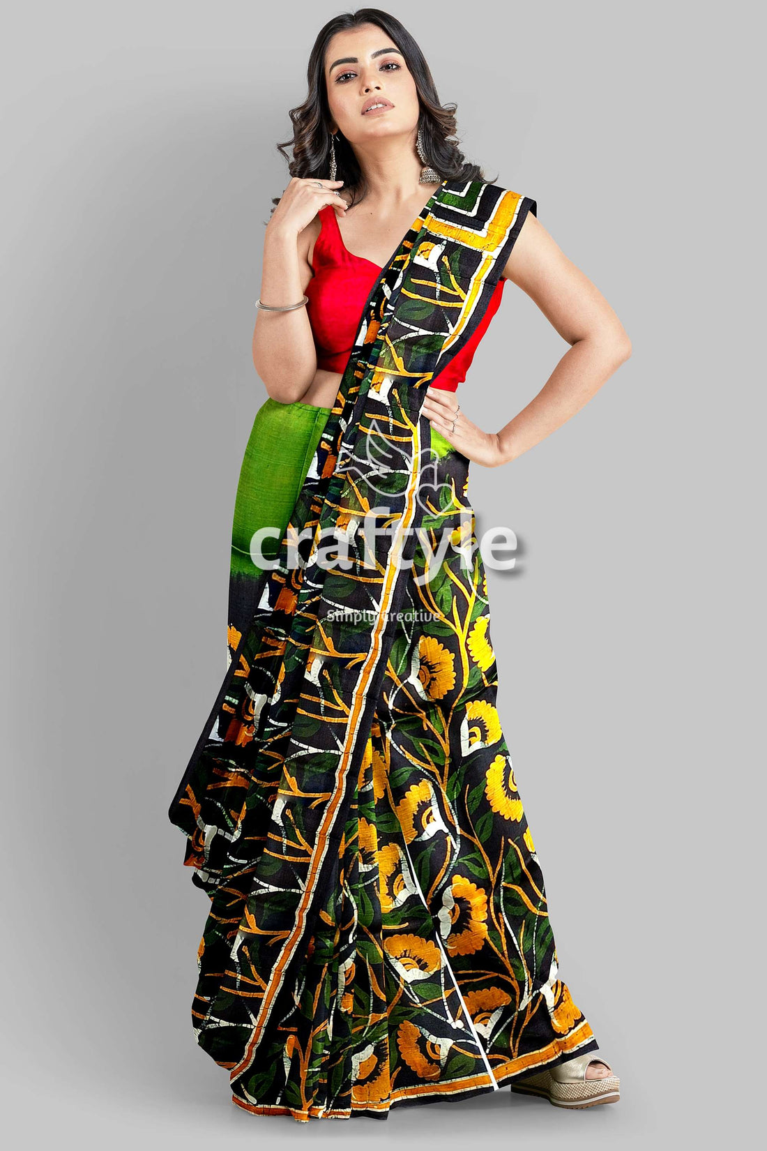 Moss Green Yellow Floral Hand Batik Mulberry Pure Silk Saree - Craftyle