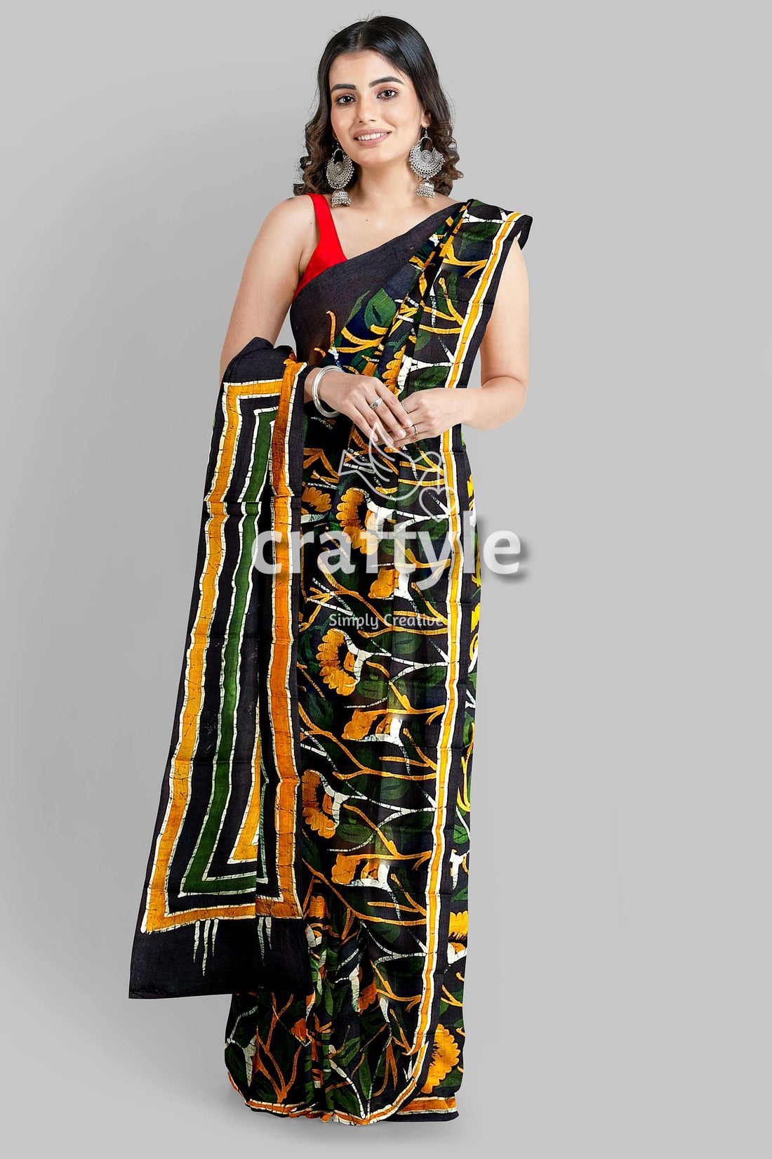 Moss Green Yellow Floral Hand Batik Mulberry Pure Silk Saree - Craftyle