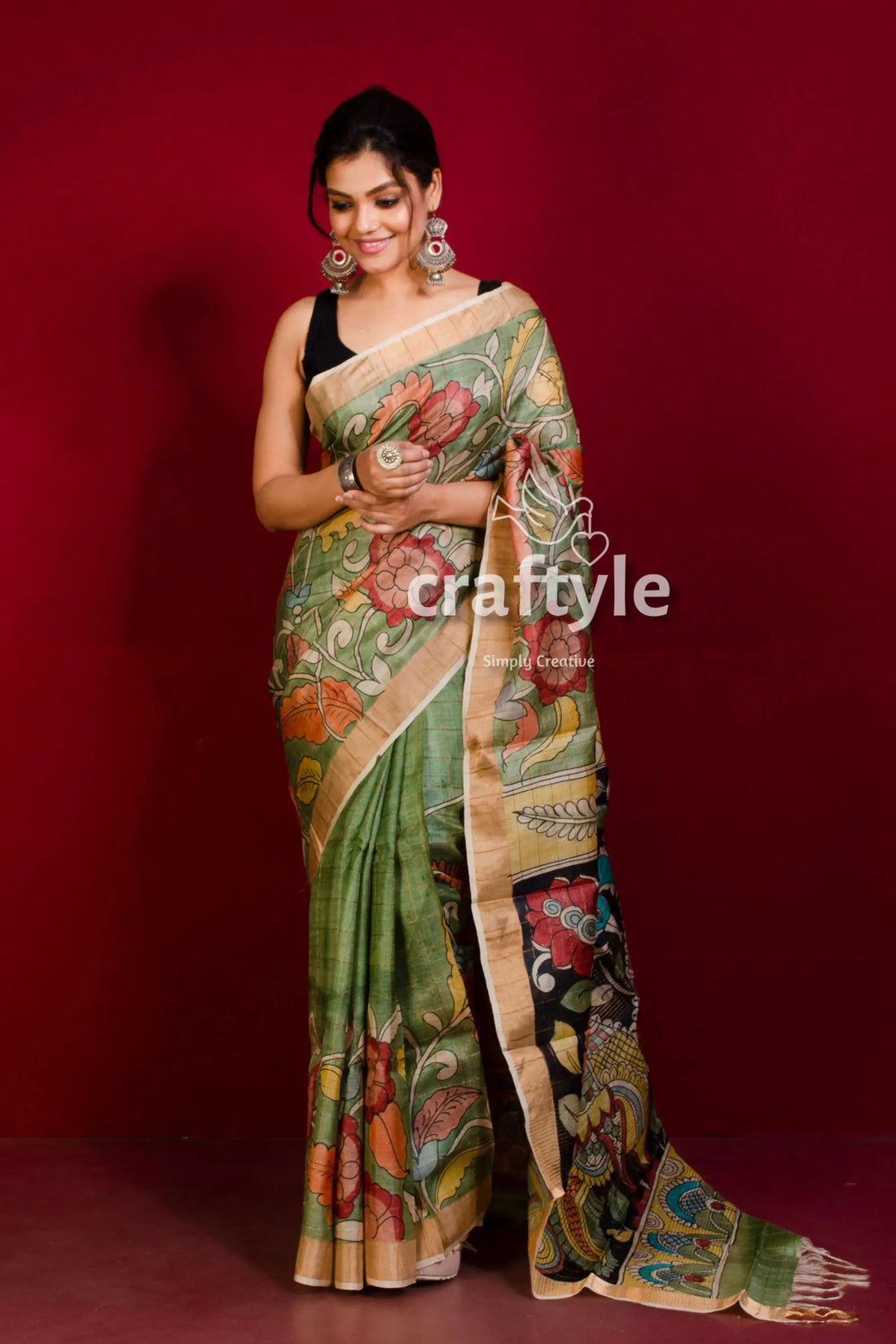 Moss green zari border pure tussar kalamkari saree - hand painted elegant green saree floral peacock 2