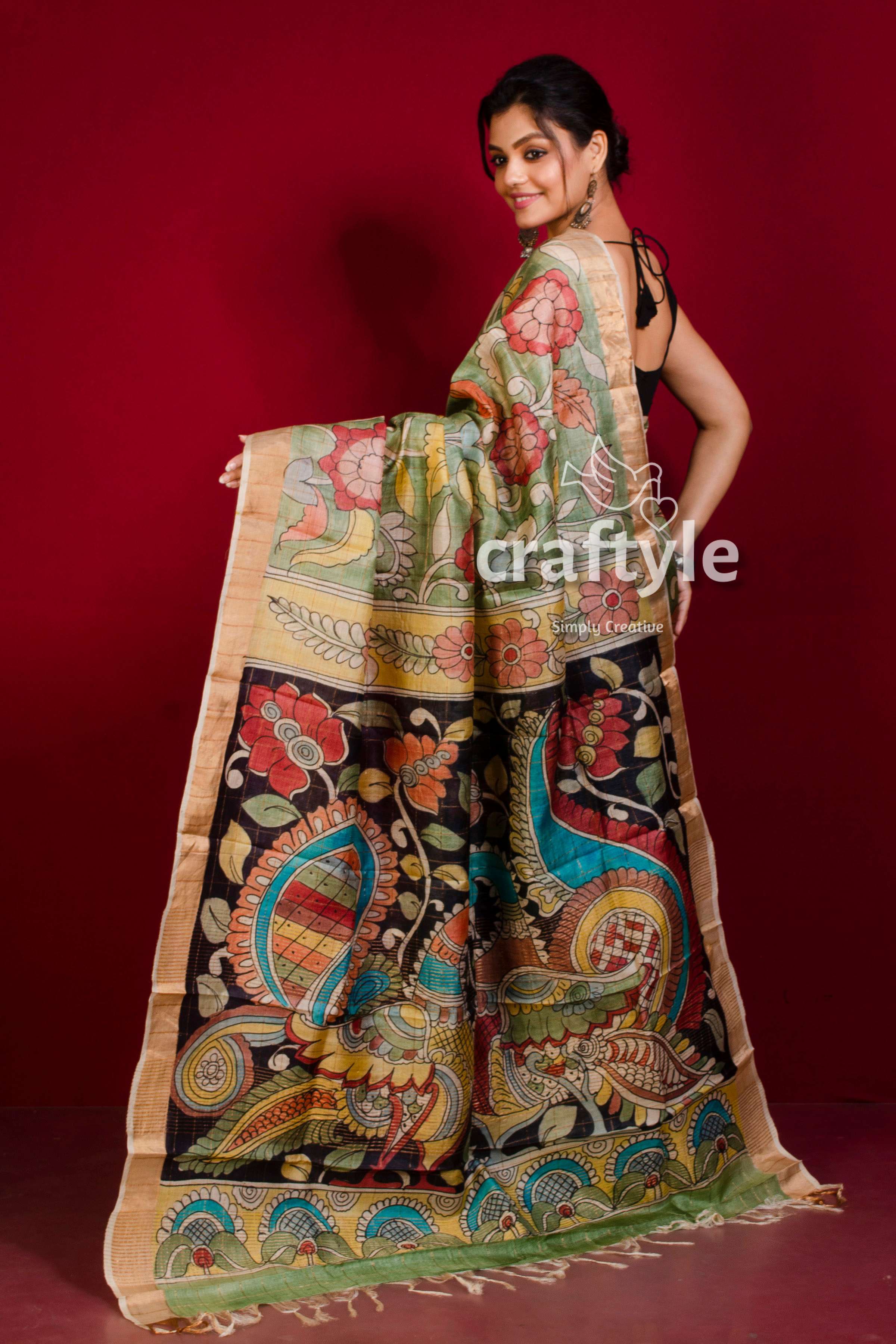 Moss Green Zari Border Pure Tussar Kalamkari Saree - Hand Painted - Craftyle