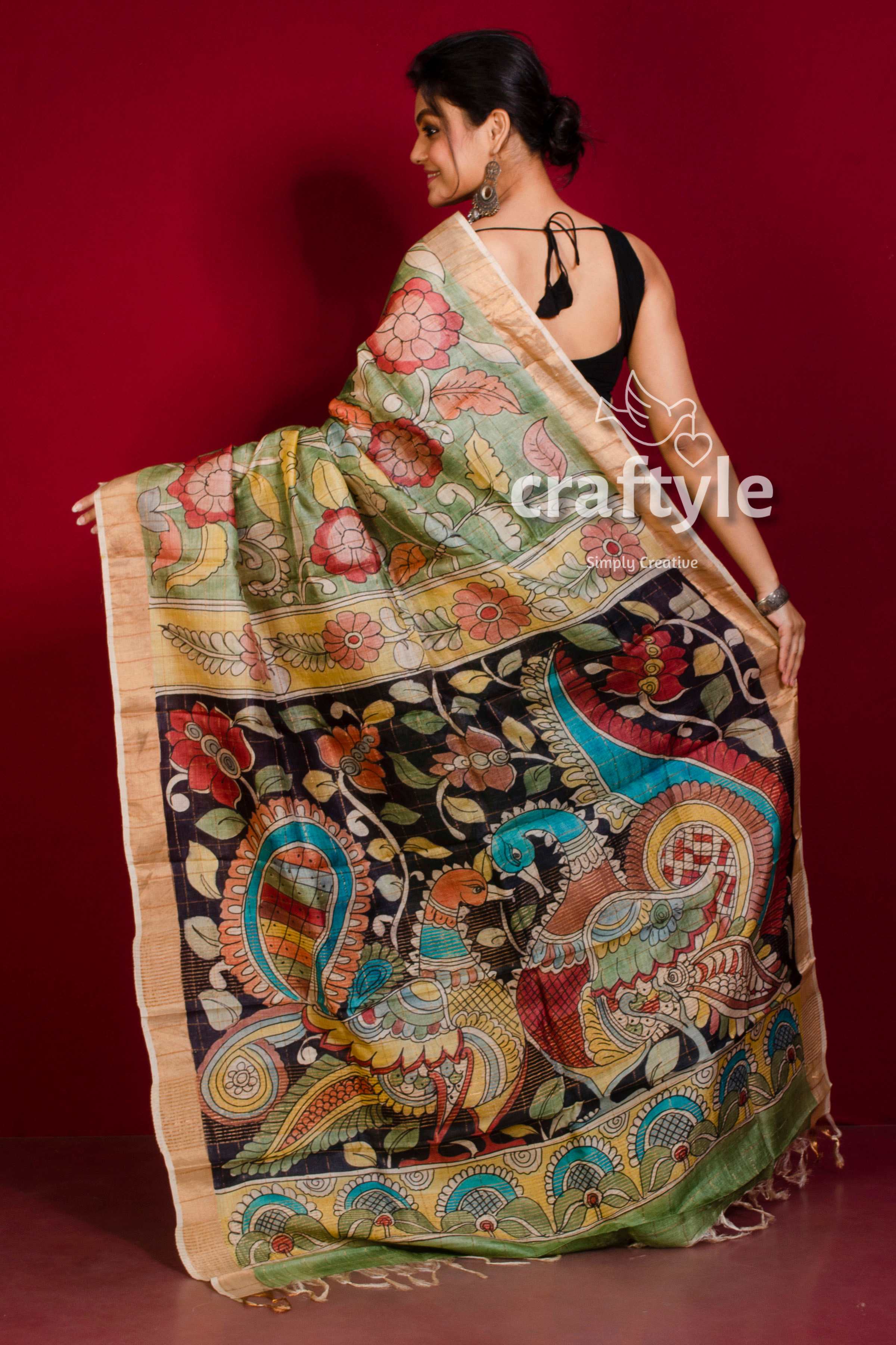 Moss Green Zari Border Pure Tussar Kalamkari Saree - Hand Painted - Craftyle