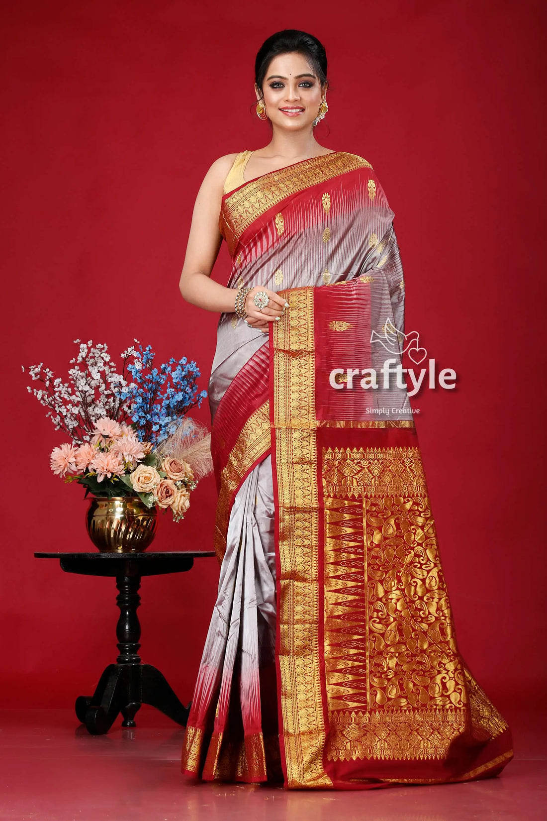 Mountain grey and burgundy kanjivaram silk saree - traditional indian sari elegant red gray saree 1