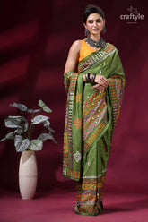 Muddy green dual-tone kutch work silk saree with mirror detailing vibrant olive green silk saree 5