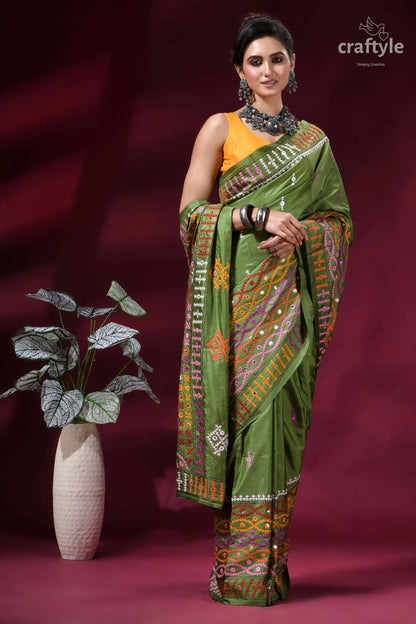 Muddy green dual-tone kutch work silk saree with mirror detailing vibrant olive green silk saree 5