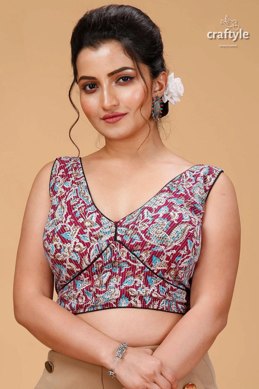 Mulberry designer pure cotton ajrakh blouse woman v-neck sleeveless crop maroon 1