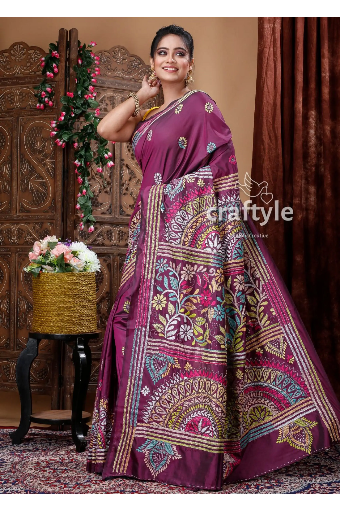 Mulberry purple kantha stitched blended bangalore silk saree purple saree colorful embroidery 2