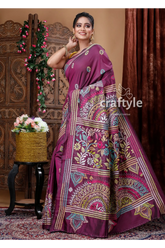 Mulberry purple kantha stitched blended bangalore silk saree purple saree colorful embroidery 2