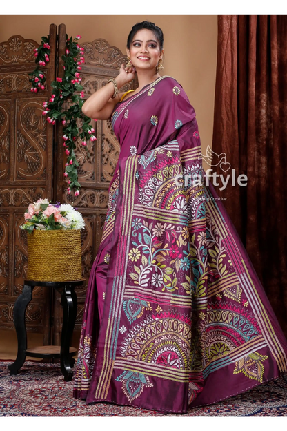 Mulberry purple kantha stitched blended bangalore silk saree purple saree colorful embroidery 2