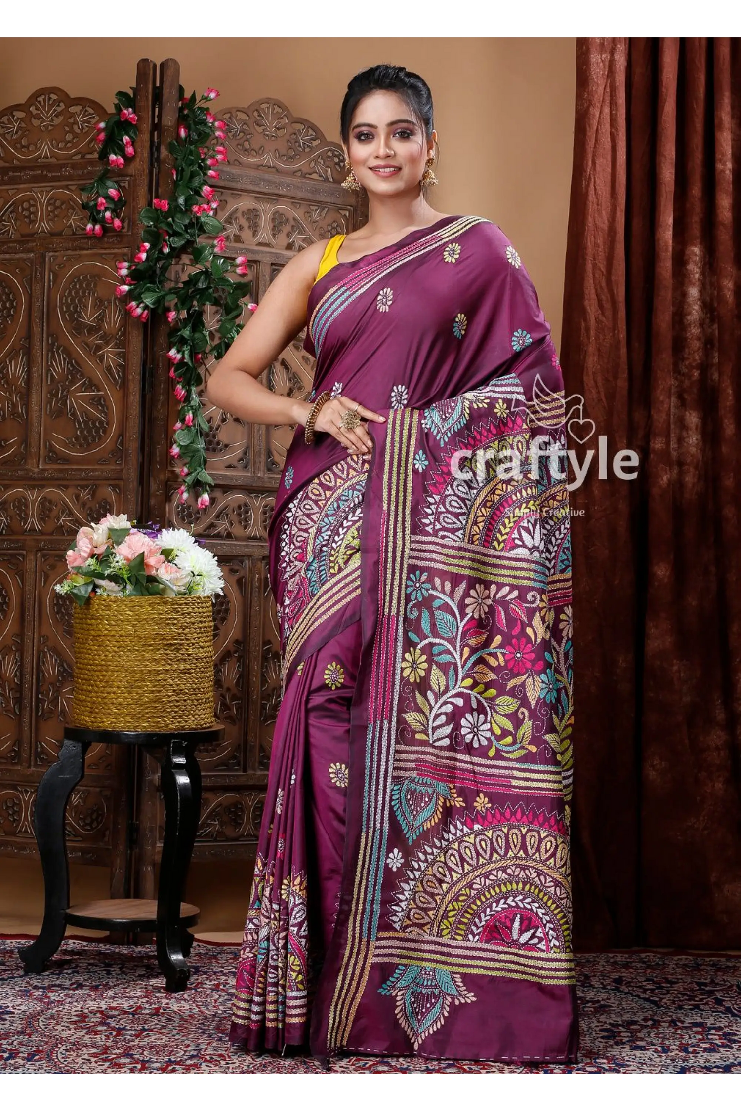 Mulberry purple kantha stitched blended bangalore silk saree woman purple embroidered saree 4
