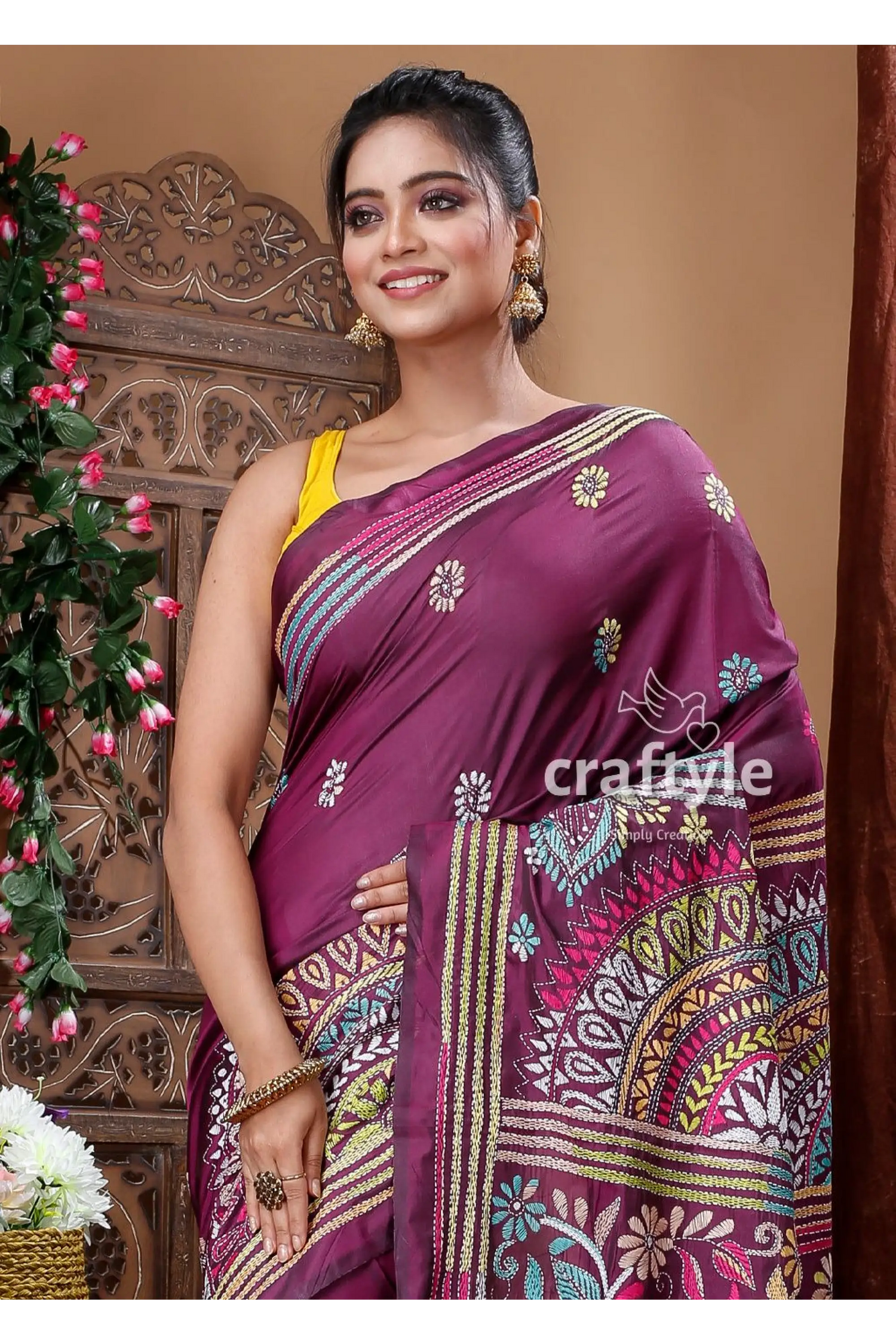 Mulberry purple kantha stitched blended bangalore silk saree maroon saree colorful embroidery 3