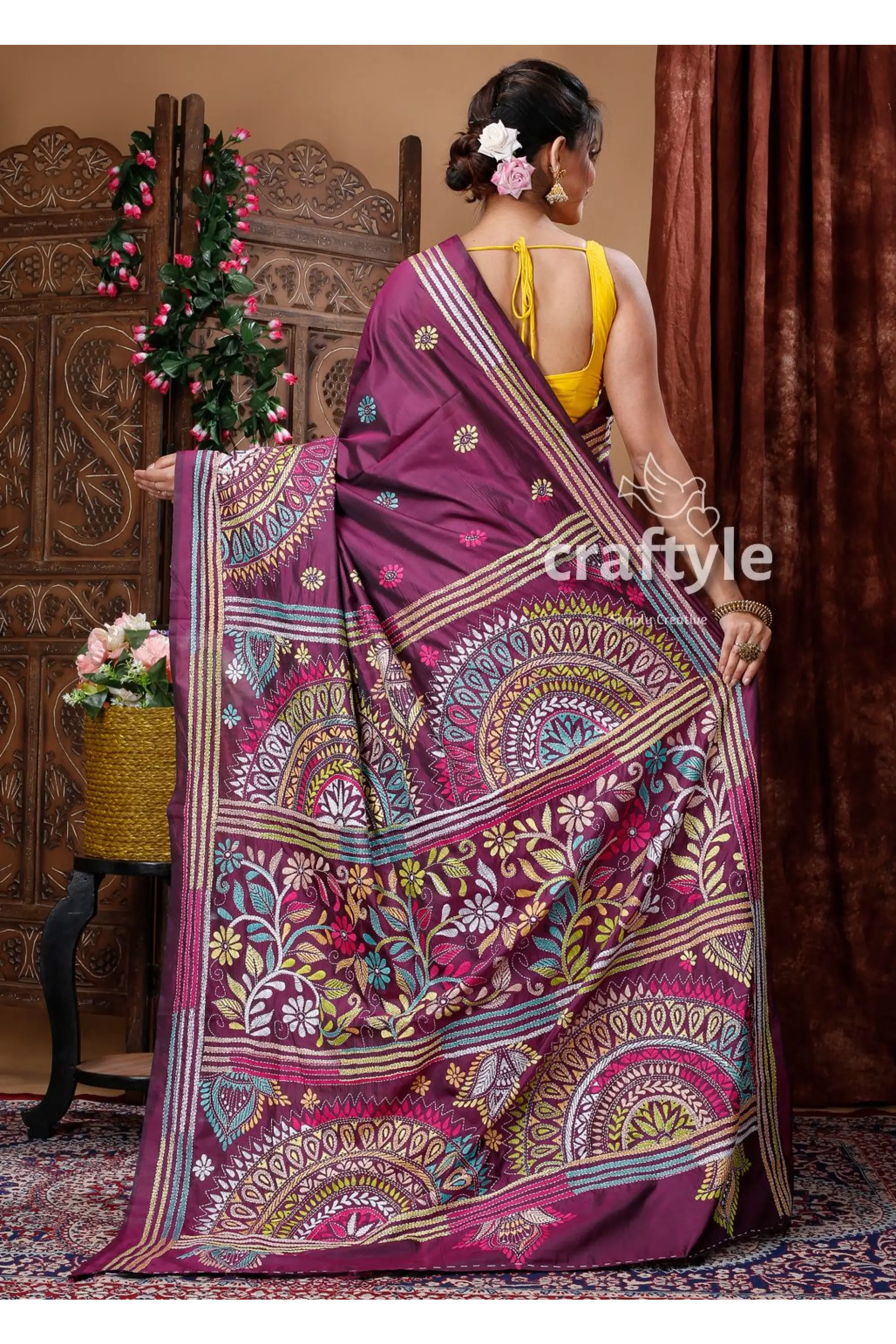 Mulberry purple kantha stitched blended bangalore silk saree embroidered purple saree 5