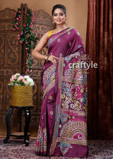 Mulberry Purple Kantha Stitched Blended Bangalore Silk Saree-Craftyle